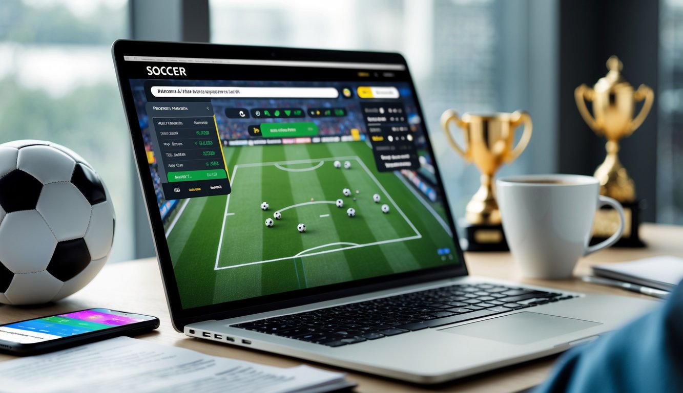 Seseorang sedang menggunakan laptop dengan situs taruhan bola online terbuka, dikelilingi oleh catatan dan ponsel di meja kerja.