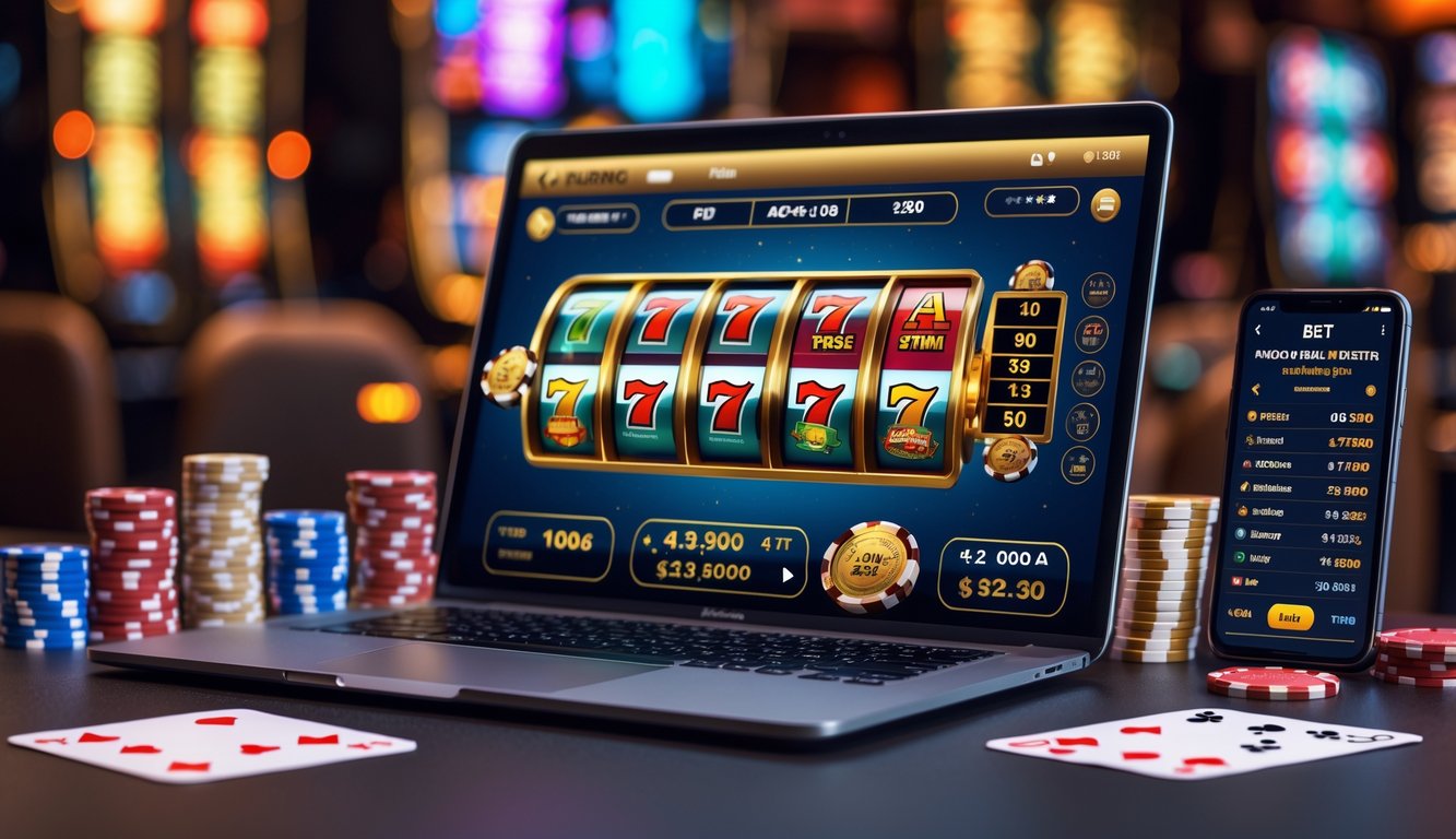 Seorang pemain sedang menggunakan laptop dengan tampilan permainan kasino online, dikelilingi oleh chip kasino dan kartu remi di atas meja.