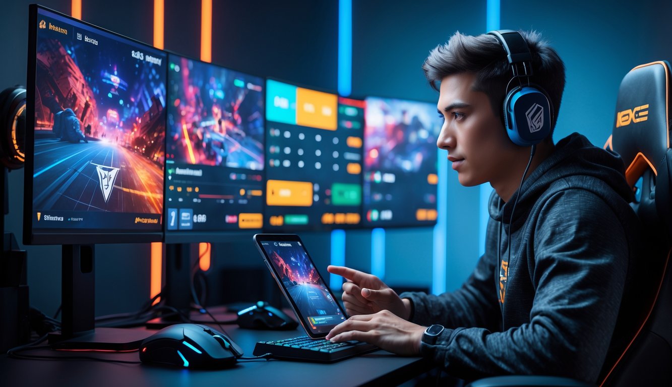 Seorang pemain esports yang fokus duduk di depan komputer dengan beberapa layar menampilkan permainan dan data taruhan, sedang menganalisis informasi dengan tablet di tangan.