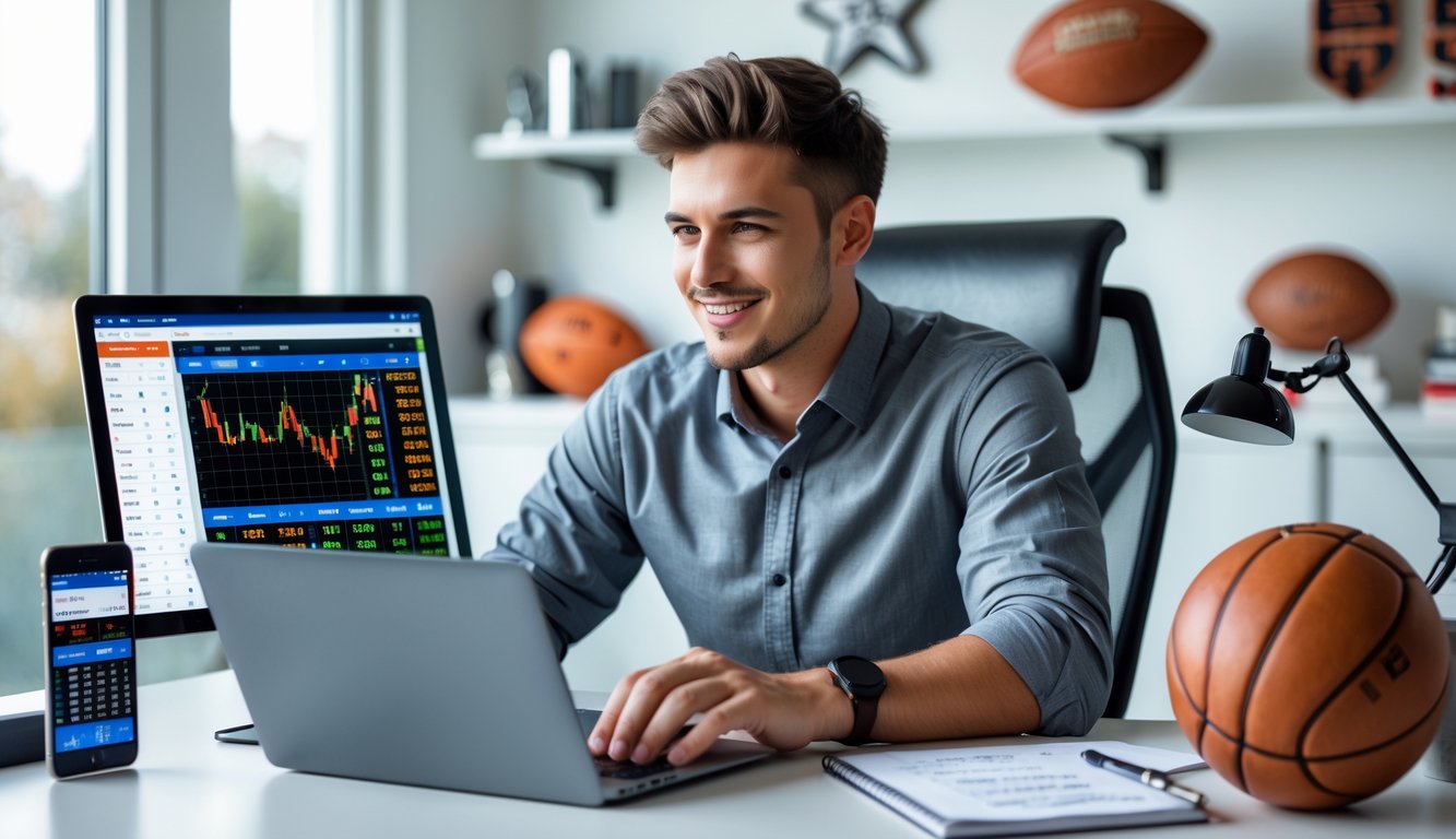 Seorang pria muda duduk di meja dengan laptop dan smartphone, menganalisis statistik taruhan olahraga di ruang kerja yang terang dan rapi.