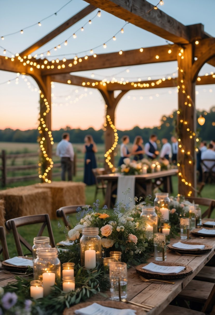 Outdoor farm wedding reception with fairy lights draped over wooden beams, rustic tables with flowers and candles, surrounded by farm scenery and guests celebrating.