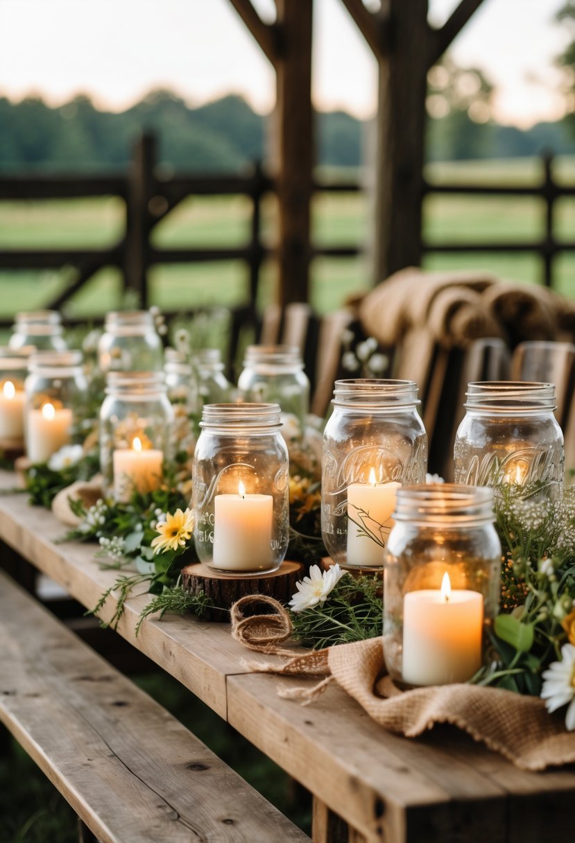 Mason jar candle holders with lit candles arranged on a wooden table surrounded by wildflowers and greenery at a farm wedding.