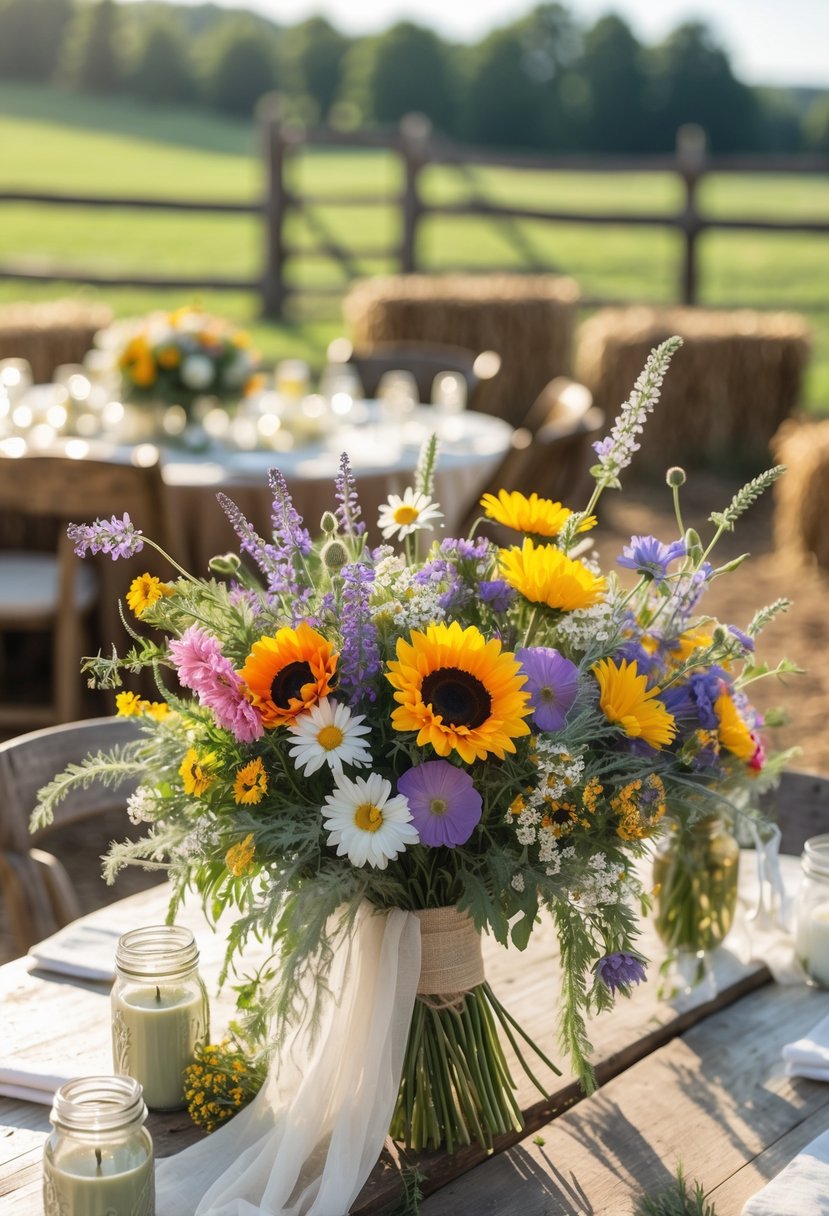 Wildflower bouquet centerpieces arranged on rustic wooden tables at an outdoor farm wedding with greenery and flowers.
