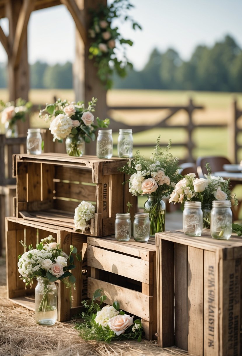 A group of vintage wooden crates arranged outdoors with flowers and greenery, set in a farm wedding environment.