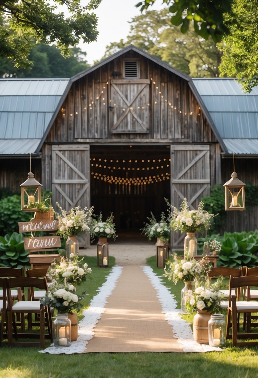 Rustic barn surrounded by green plants with wedding decorations including flowers, lanterns, and wooden seating.