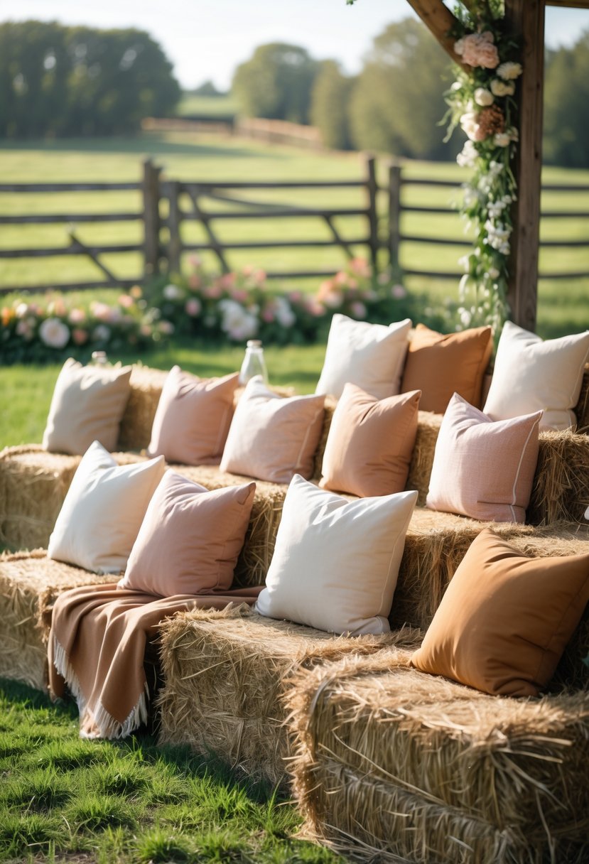 Outdoor farm wedding seating made from hay bales with colorful throw pillows arranged in a rustic setting.