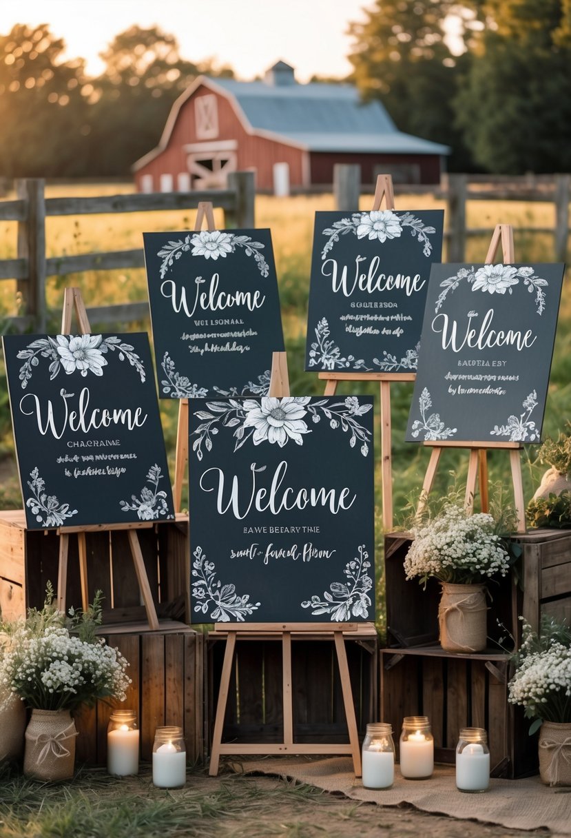 Outdoor farm wedding setup with decorated chalkboard signs surrounded by flowers and rustic decor near a barn.