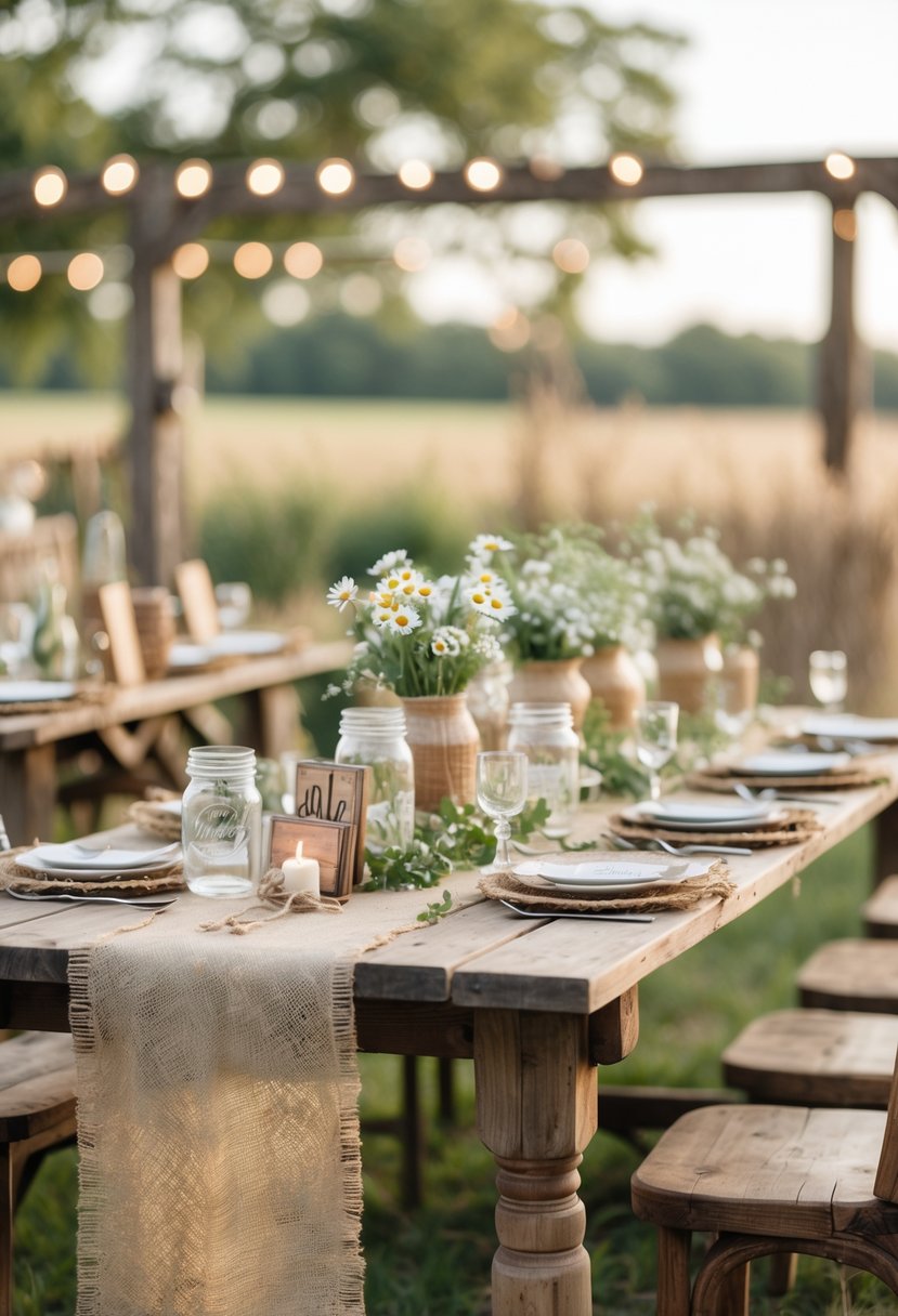 A rustic wedding table with burlap runners, wildflowers in jars, candles, and wooden decorations set outdoors on a farm.