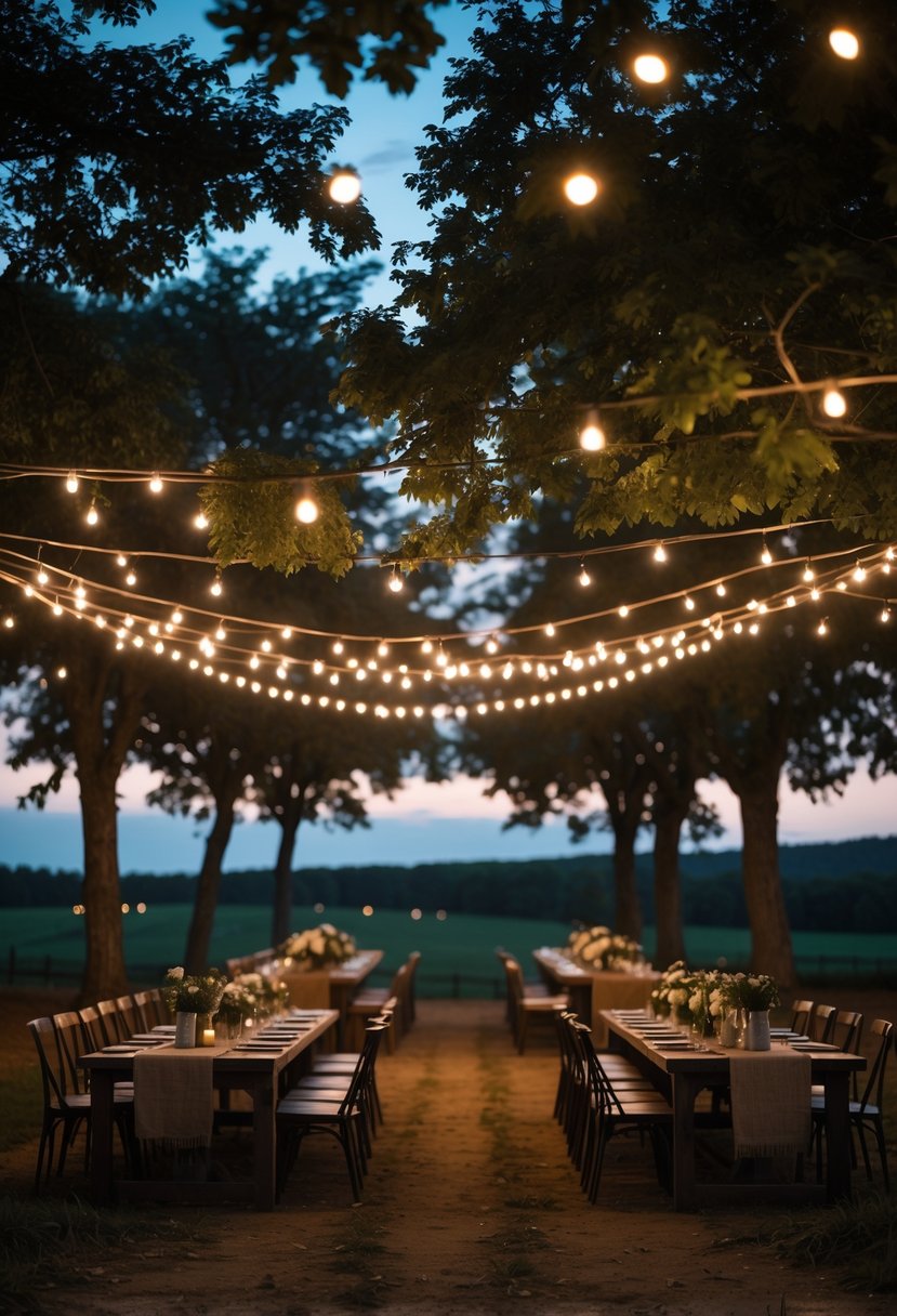 Outdoor farm wedding scene with string lights hanging in trees over wooden tables and chairs at dusk.