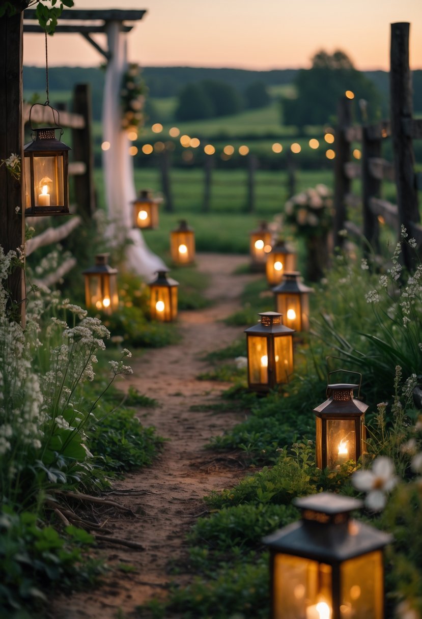 Outdoor farm wedding pathway lined with glowing antique lanterns and surrounded by greenery and flowers at dusk.