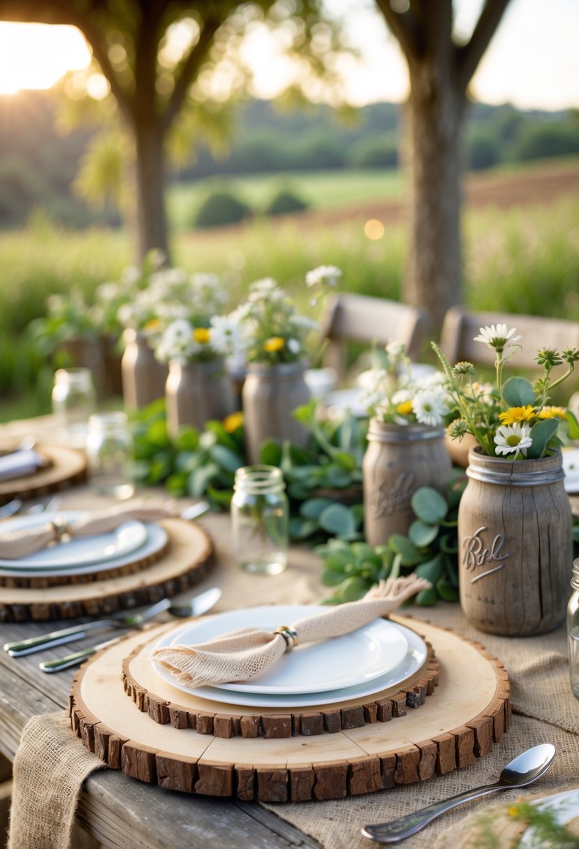 A rustic outdoor wedding table with wood slice chargers, white plates, wildflowers in jars, and farm-inspired decor.