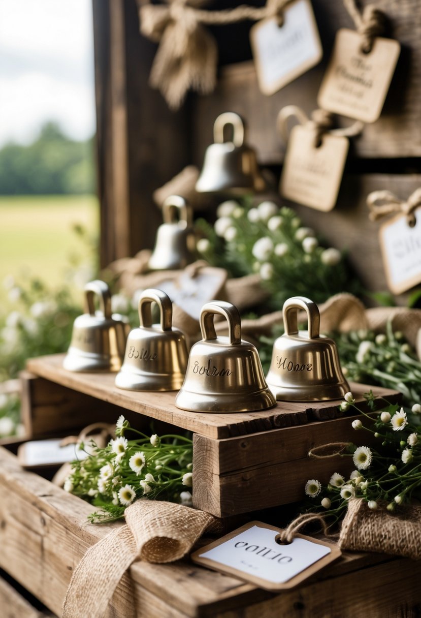 Personalized metal cowbells arranged on a wooden surface with wildflowers and rustic wedding decorations in a farm setting.