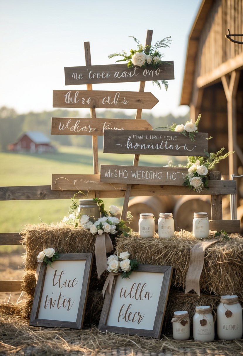 Wooden signs arranged outdoors with flowers and greenery on a farm setting.