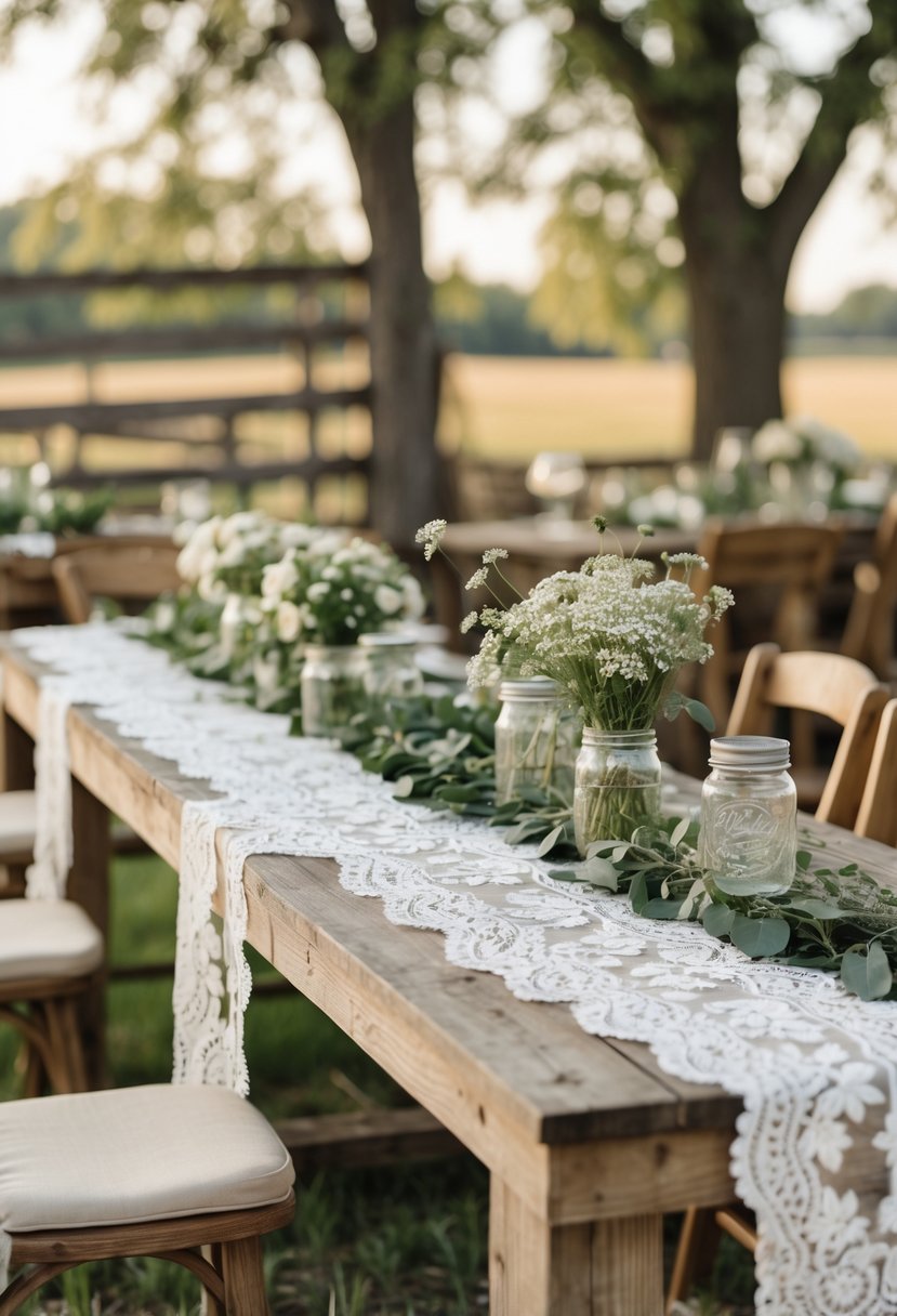 Rustic wooden tables outdoors with white lace table overlays, wildflowers in jars, and wooden chairs set up for a wedding.
