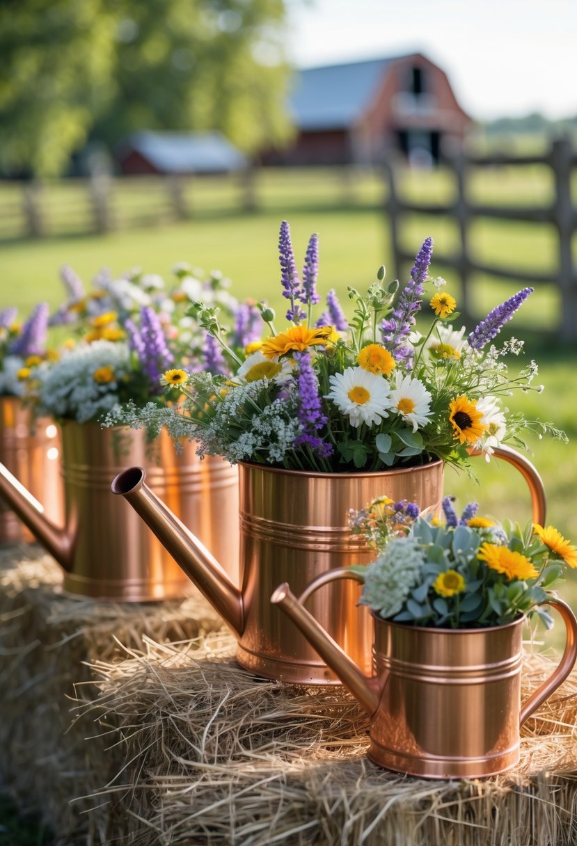 Copper watering cans filled with colorful flowers arranged outdoors on wooden surfaces in a farm setting.