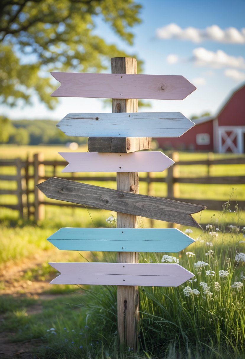 Hand-painted wooden directional signs outdoors on a farm with grass, wildflowers, and barns in the background.