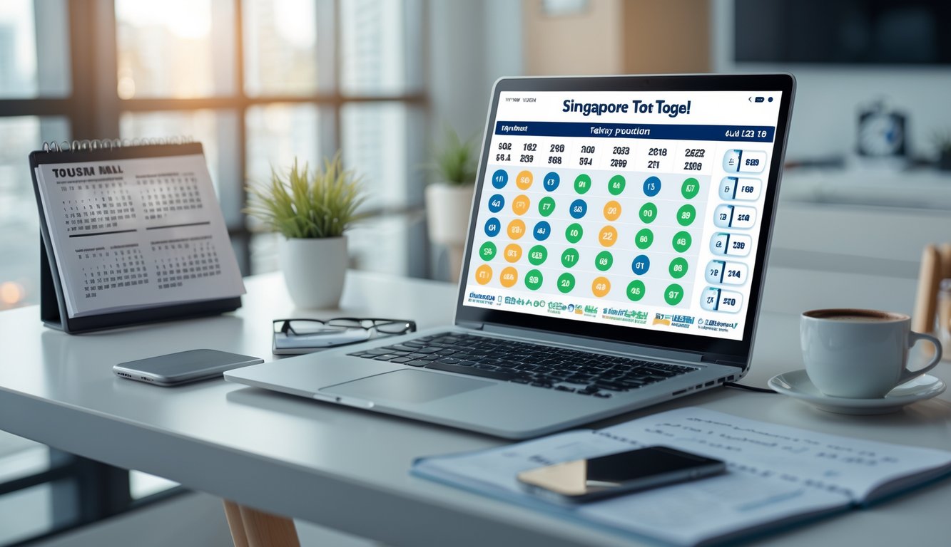 Meja kerja dengan laptop, catatan, dan kopi yang menunjukkan aktivitas prediksi angka togel Singapore.
