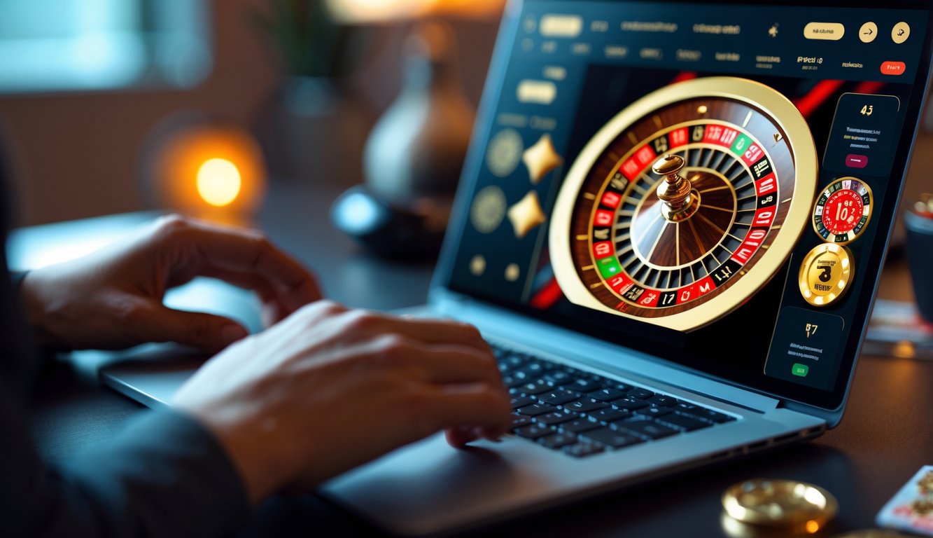 Sebuah komputer menampilkan permainan roulette online dengan roda roulette yang berputar dan bola yang bergerak.