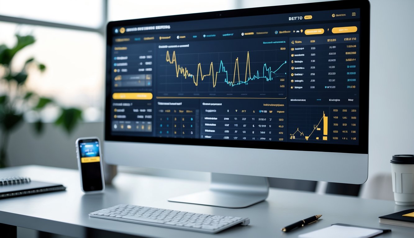 Sebuah ruang kerja modern dengan komputer yang menampilkan data dan statistik taruhan bola secara digital.