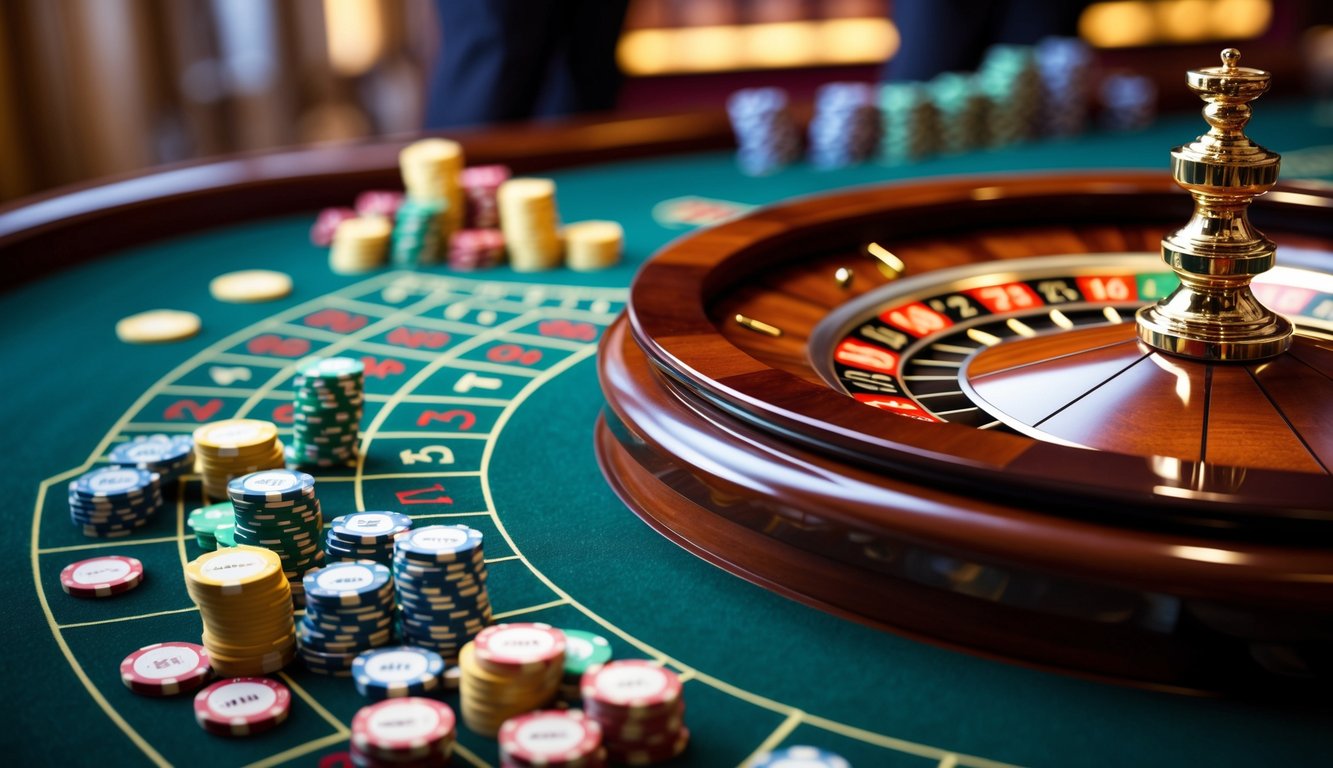 Meja roulette dengan roda dan chip taruhan di kasino yang mewah dan terang