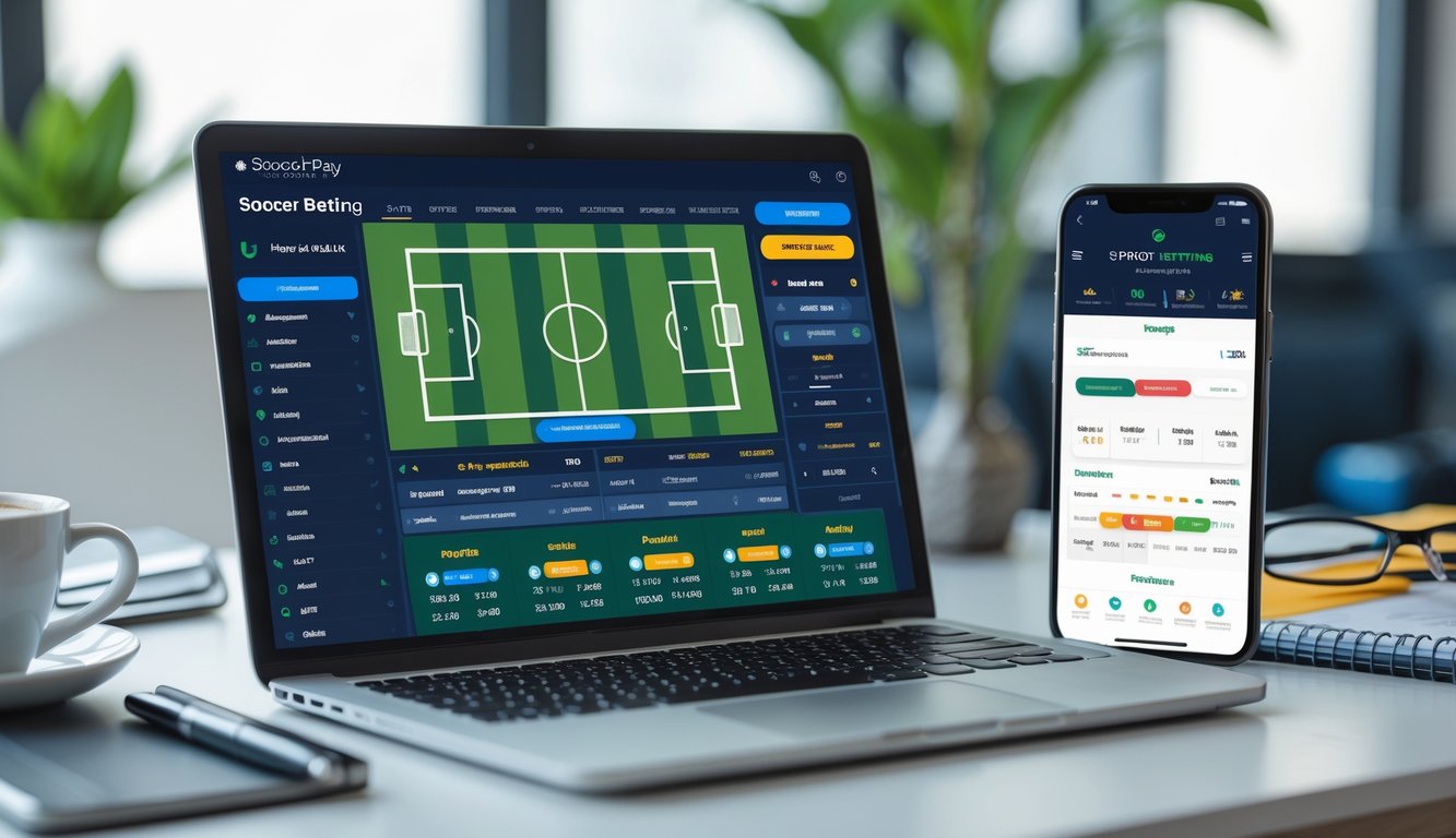 Seorang pria menggunakan laptop dan smartphone untuk memasang taruhan bola parlay di meja kerja yang rapi.