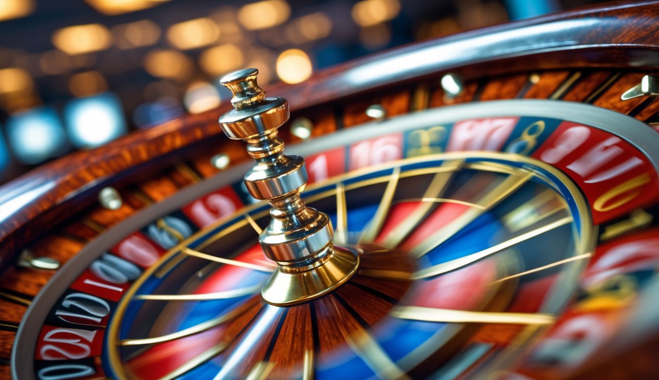 Roda roulette yang sedang berputar dengan bola putih di atasnya di dalam kasino.