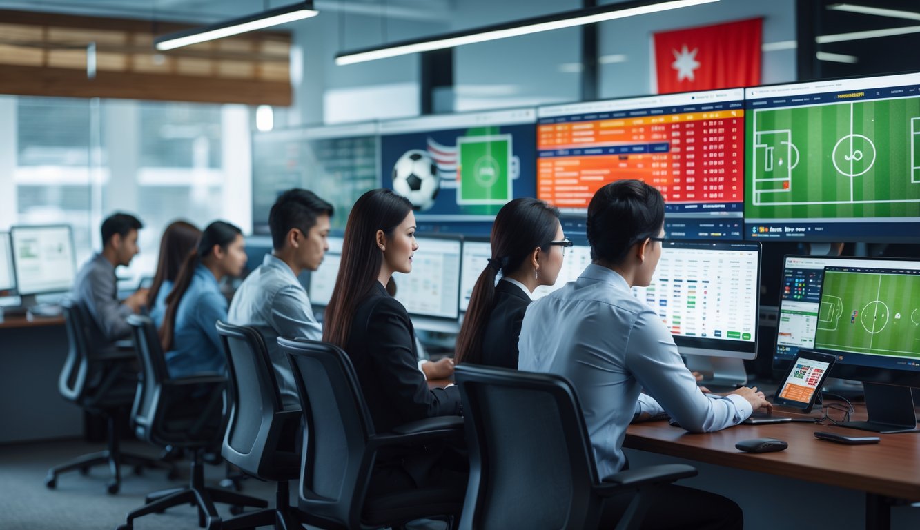 Sekelompok profesional muda sedang bekerja di kantor modern dengan layar komputer yang menampilkan statistik pertandingan sepak bola.