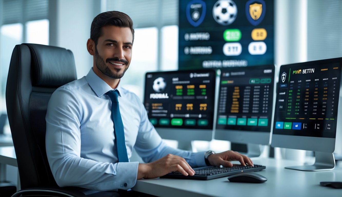 Seorang agen judi bola online yang percaya diri bekerja di kantor modern dengan beberapa layar komputer menampilkan statistik pertandingan sepak bola.