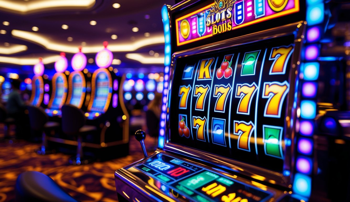 Mesin slot kasino yang berwarna-warni dengan simbol klasik dan cahaya terang, menampilkan suasana kasino yang hidup.