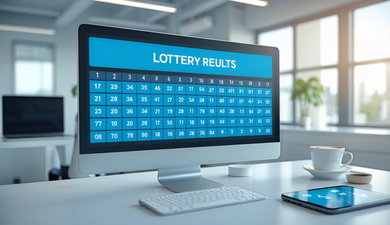 Papan hasil lotre digital yang menampilkan angka dengan latar kantor modern dan peralatan teknologi.