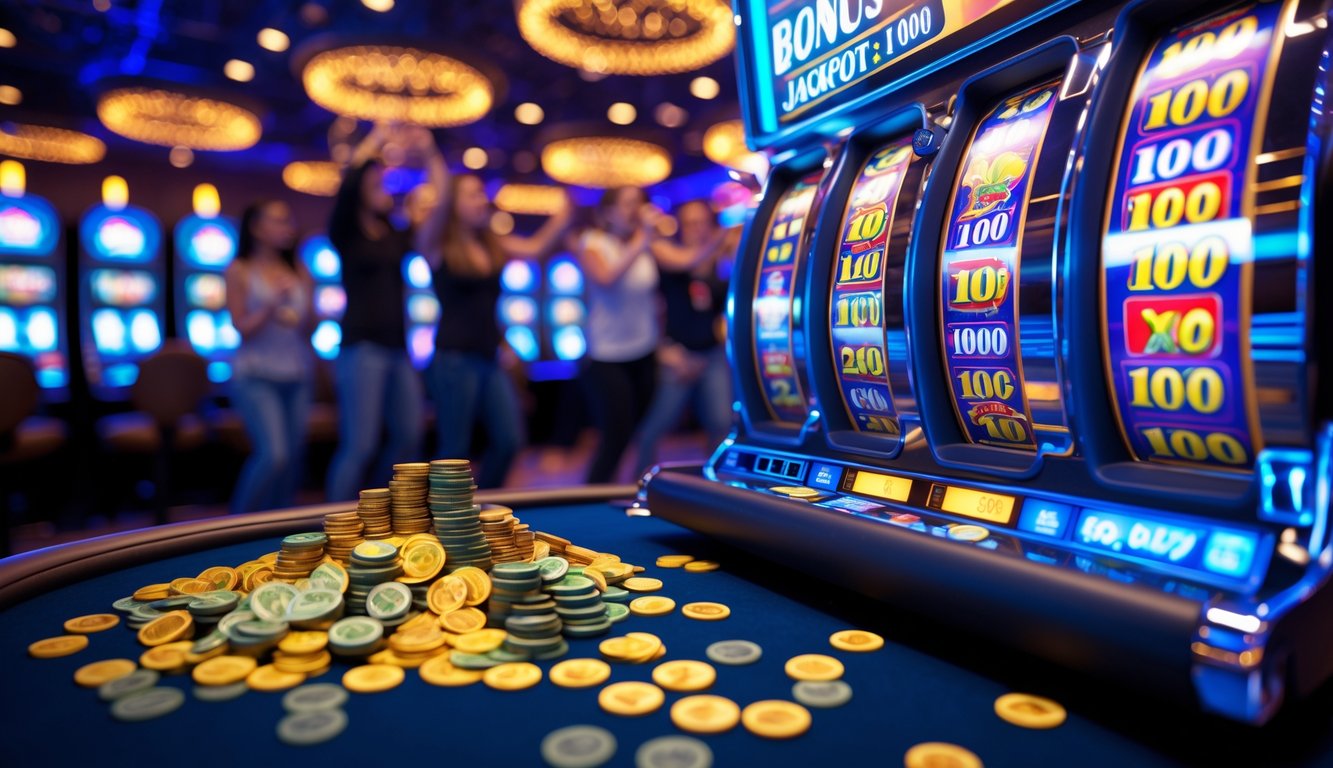 Mesin slot kasino modern dengan chip dan koin di sekitarnya, pemain merayakan kemenangan.