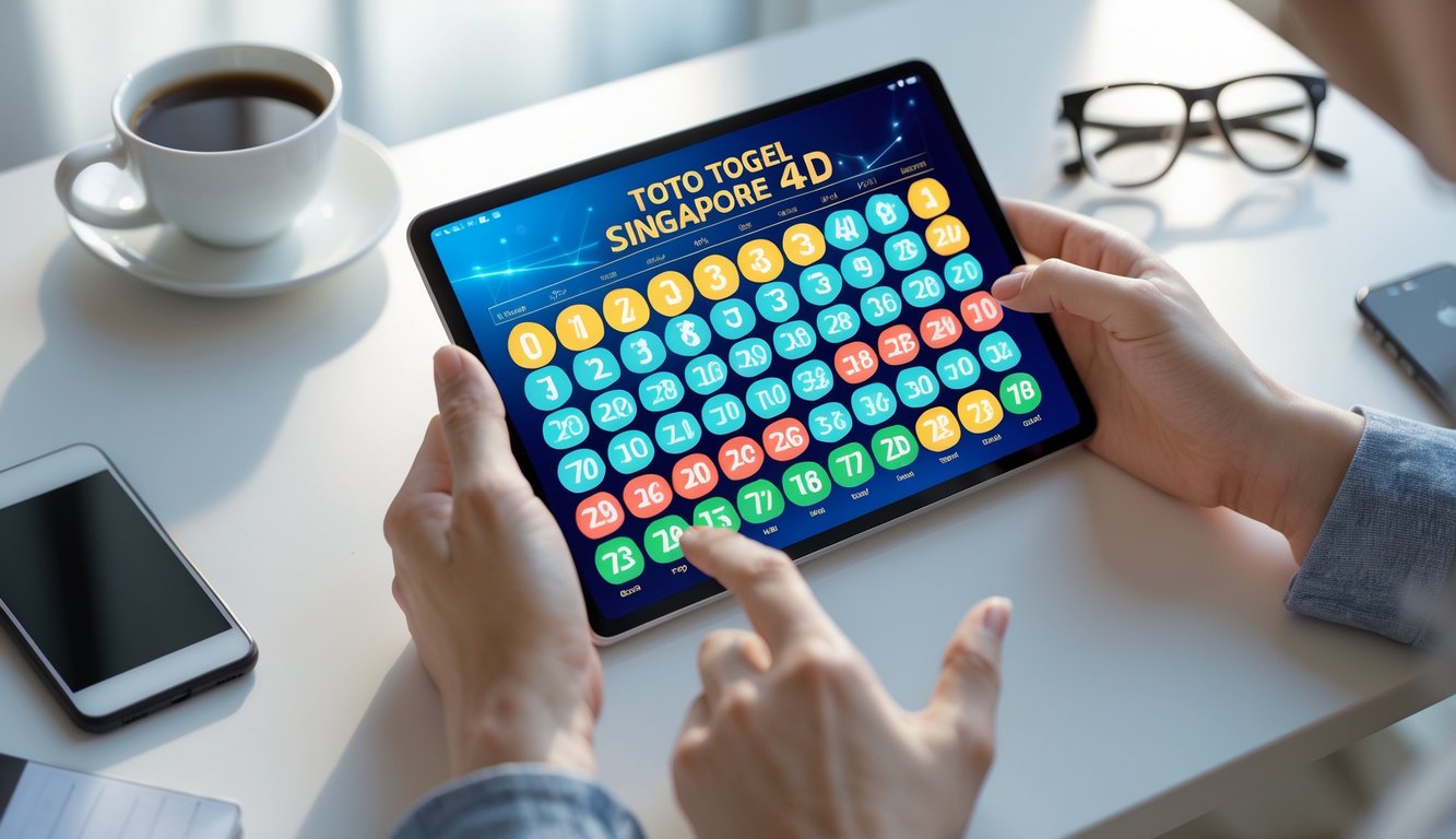 Tangan seseorang menggunakan tablet digital untuk bermain togel online dengan angka warna-warni di layar.