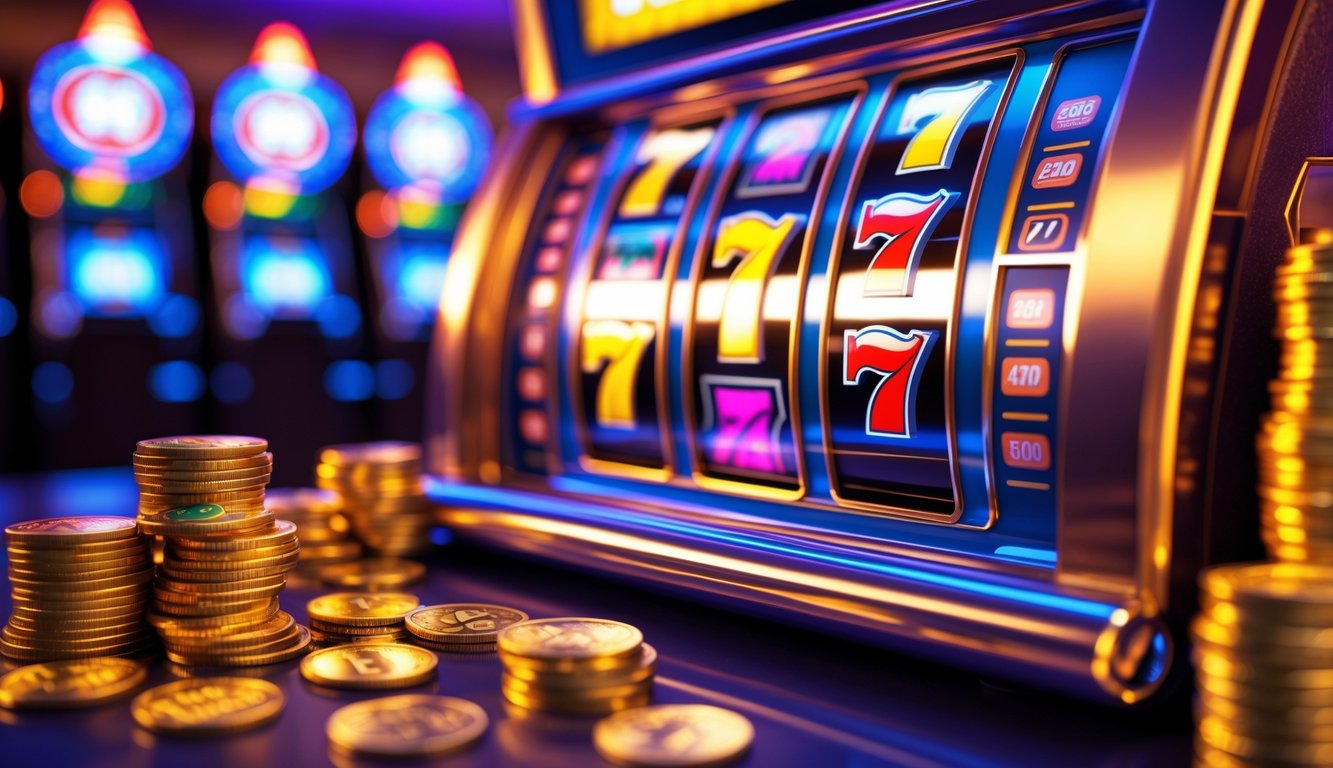 Mesin slot berwarna cerah dengan koin emas dan chip kasino di sekitarnya, menunjukkan suasana kemenangan dan keberuntungan.