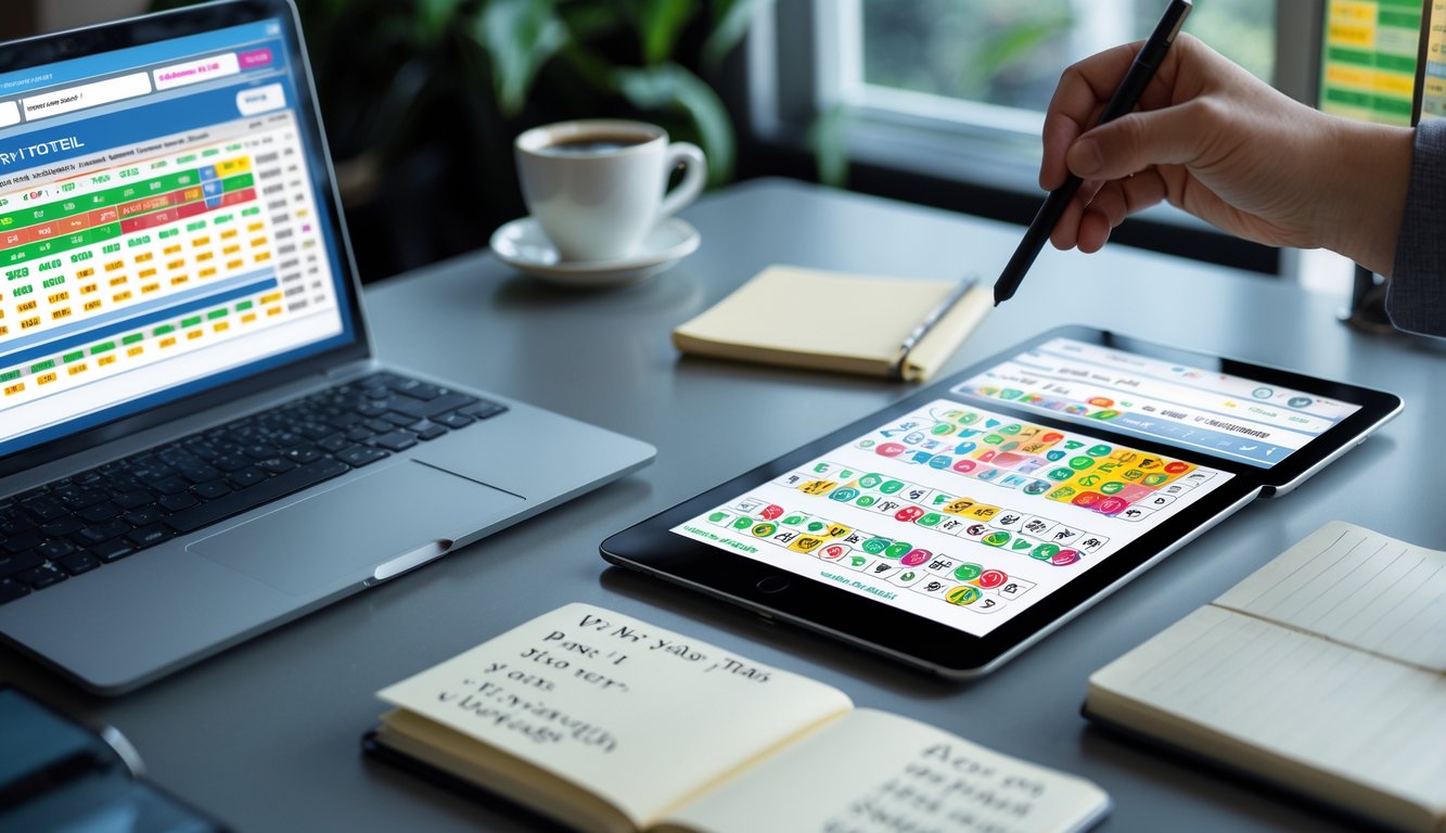 Sebuah ruang kerja modern dengan laptop, tablet, dan alat tulis yang menampilkan aktivitas analisis prediksi angka togel.