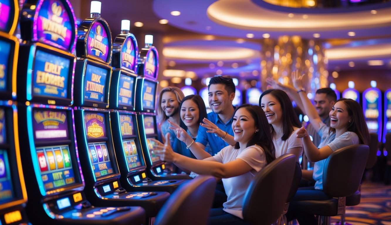 Area mesin slot kasino modern dengan pemain baru yang senang bermain mesin slot berwarna-warni.