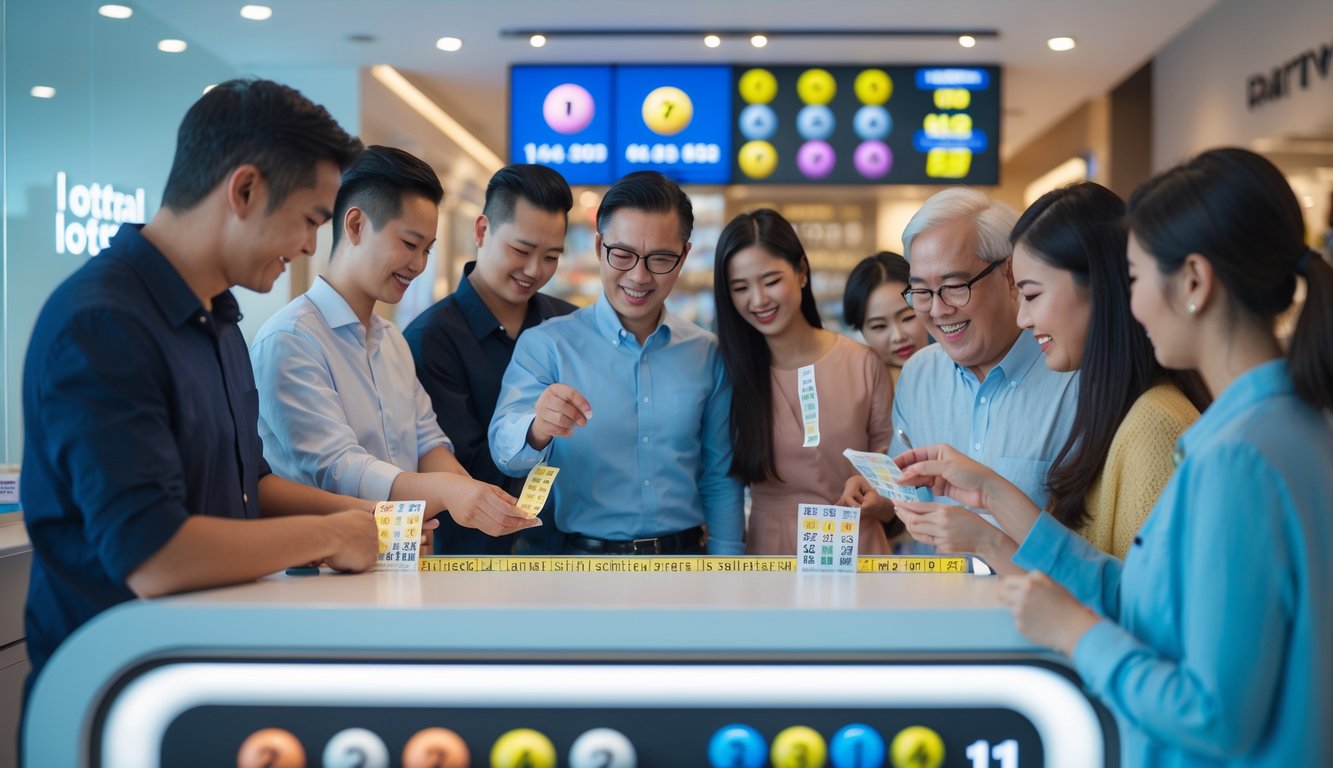 Orang-orang sedang memeriksa tiket lotere di konter resmi dengan bola lotere berwarna-warni dan suasana yang cerah.