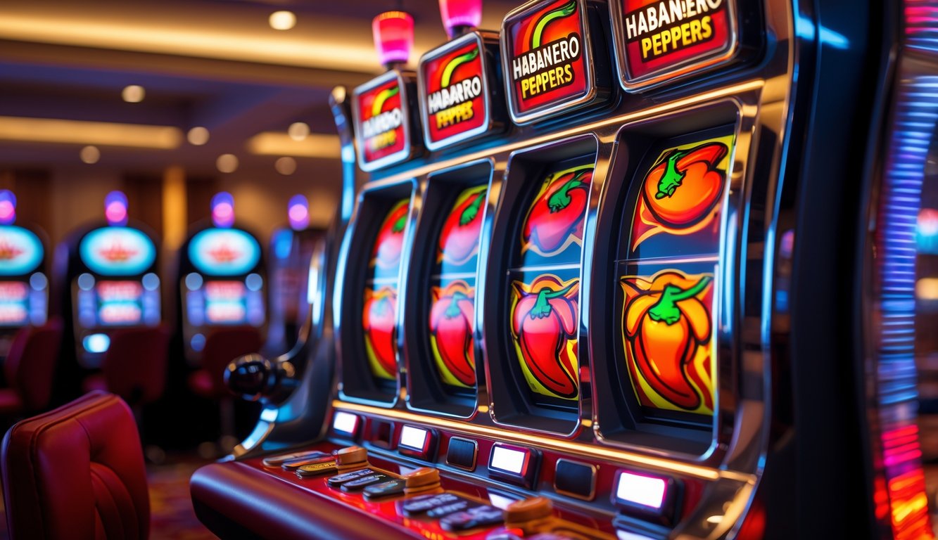 Mesin slot dengan simbol cabai habanero berwarna merah cerah di latar kasino.