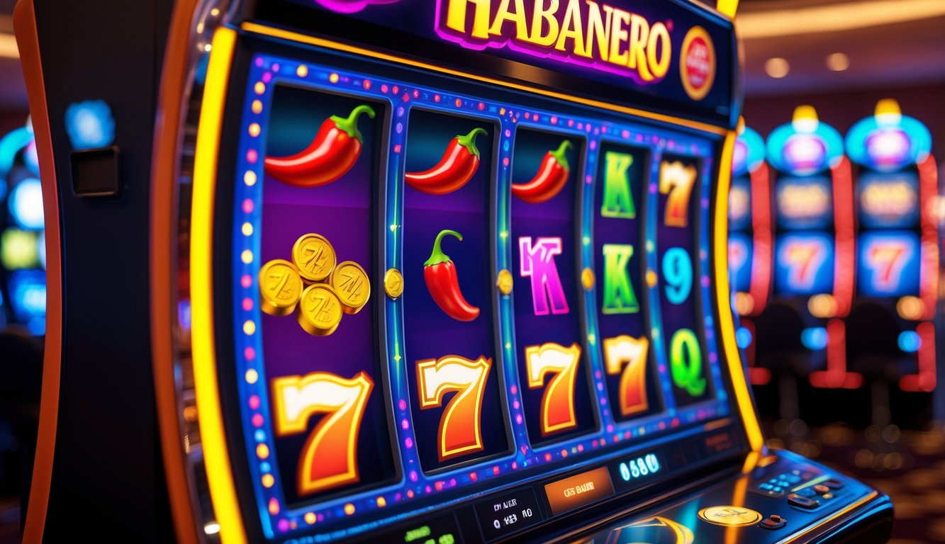 Foto mesin slot dengan simbol cabai, koin emas, dan angka tujuh, di dalam kasino yang remang-remang.