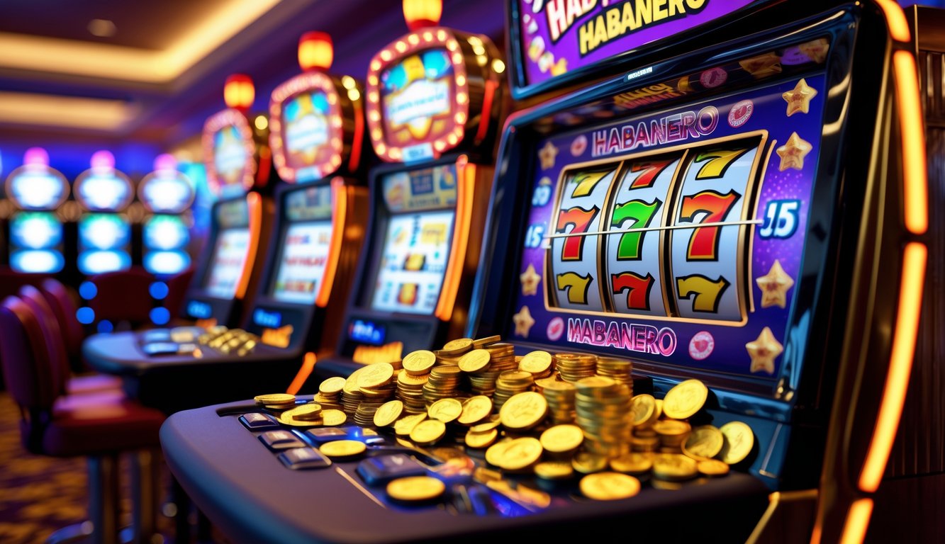 Mesin slot kasino yang menampilkan kemenangan jackpot besar dengan koin dan token yang tumpah.