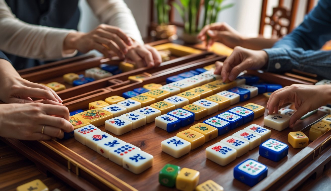 Meja Mahjong dengan ubin warna-warni dan tangan pemain yang sedang bermain.