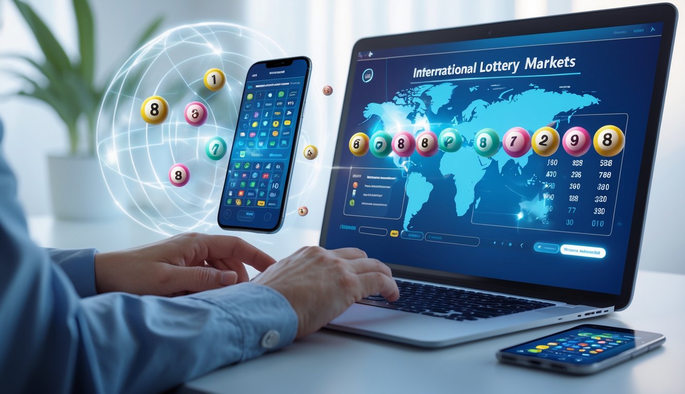 Seorang pengguna berinteraksi dengan laptop dan ponsel yang menampilkan berbagai pasar togel online dalam suasana kerja yang rapi.