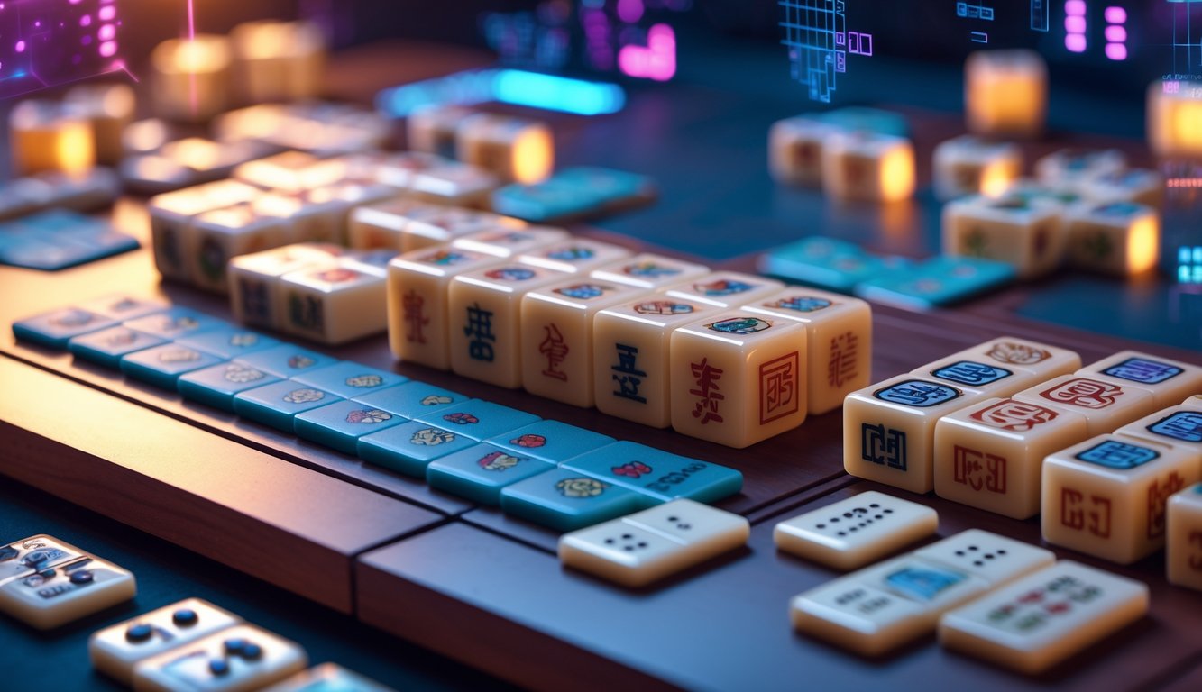 Meja kayu dengan susunan ubin Mahjong yang rapi dalam permainan yang sedang berlangsung, dengan latar belakang elemen digital yang samar.