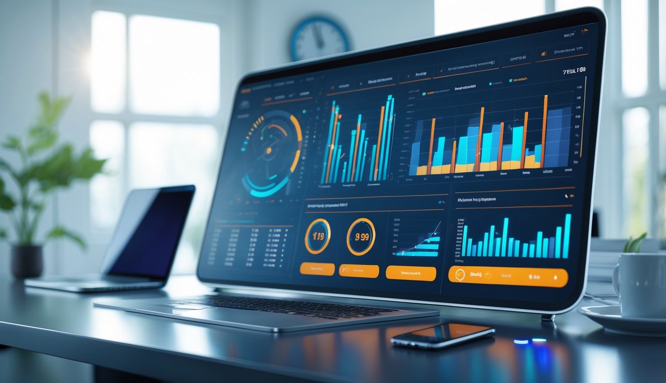 Antarmuka digital modern dengan grafik dan data di layar sentuh dalam lingkungan kantor yang terang dan bersih.