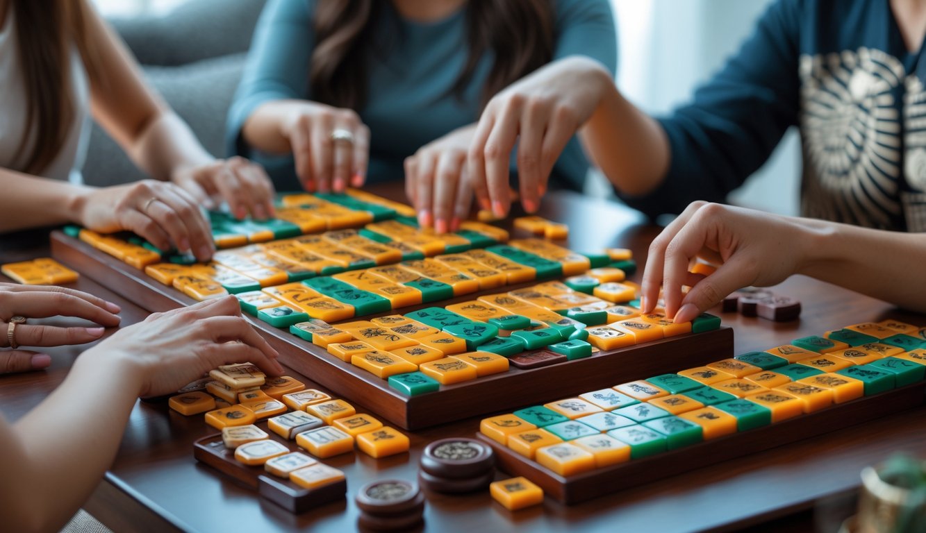 Meja mahjong dengan ubin warna-warni dan tangan pemain yang sedang bermain.
