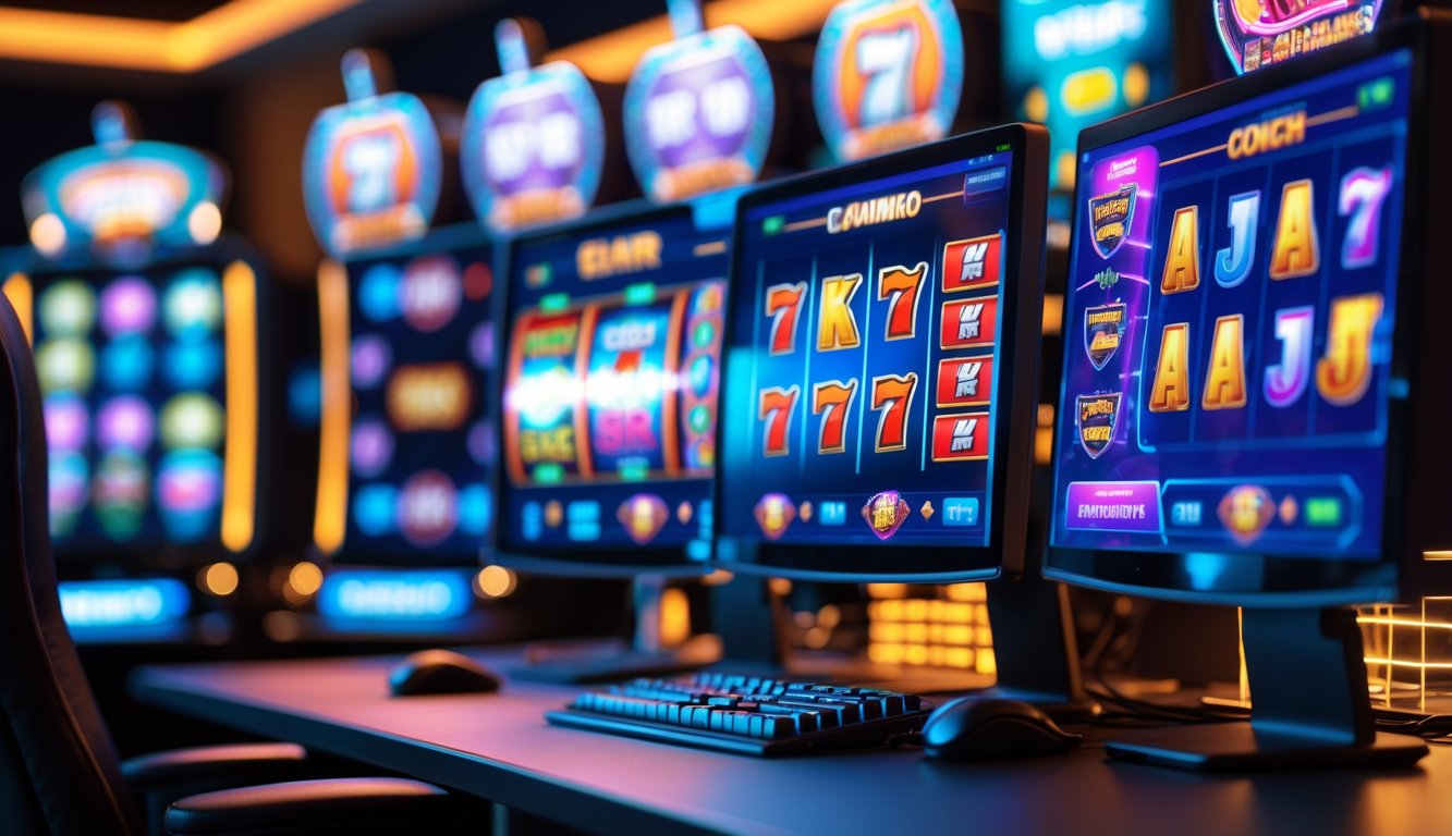 Sebuah ruang kerja modern dengan komputer menampilkan permainan slot online berwarna-warni di layar.