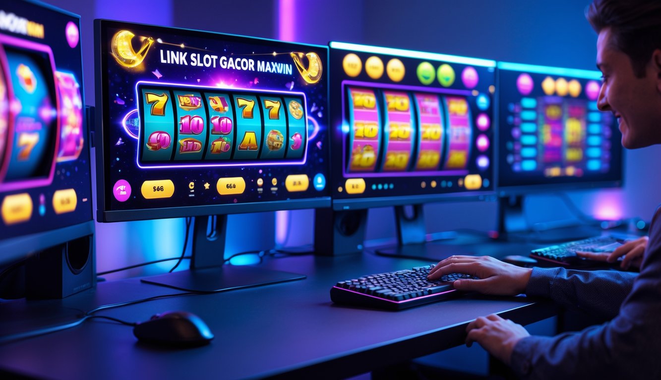 Meja komputer modern dengan layar menampilkan permainan mesin slot berwarna-warni dan tangan seseorang sedang bermain.