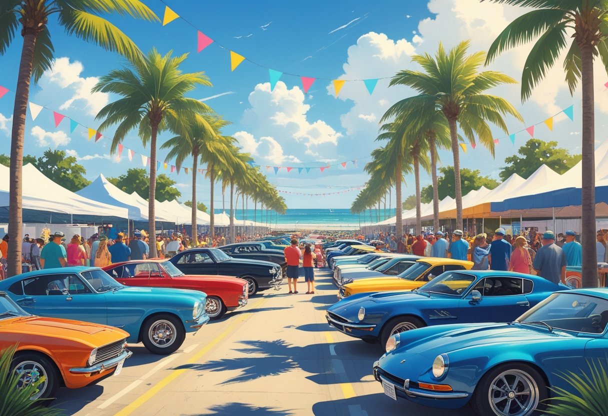 Belmont Shore Car Show 2025 Brings Classic Rides and Coastal Vibes A busy outdoor car show near the beach with people looking at classic and modern cars lined up along a palm tree-lined street.