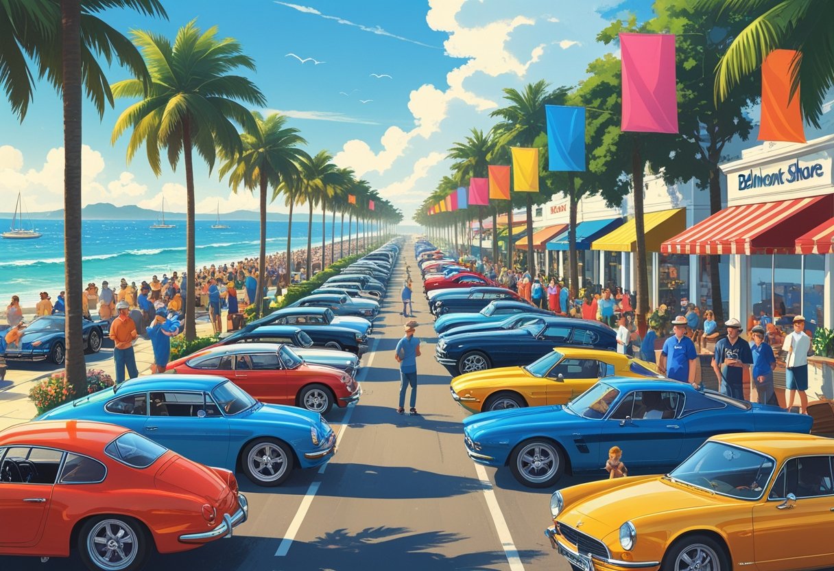 Belmont Shore Car Show 2025 Brings Classic Rides and Coastal Vibes A busy street by the ocean with rows of parked cars and people walking around, enjoying a car show event.