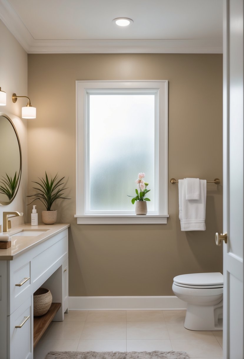 A guest bathroom with neutral colored walls, a white vanity, a round mirror, folded towels, a potted plant, and natural light coming through a window.