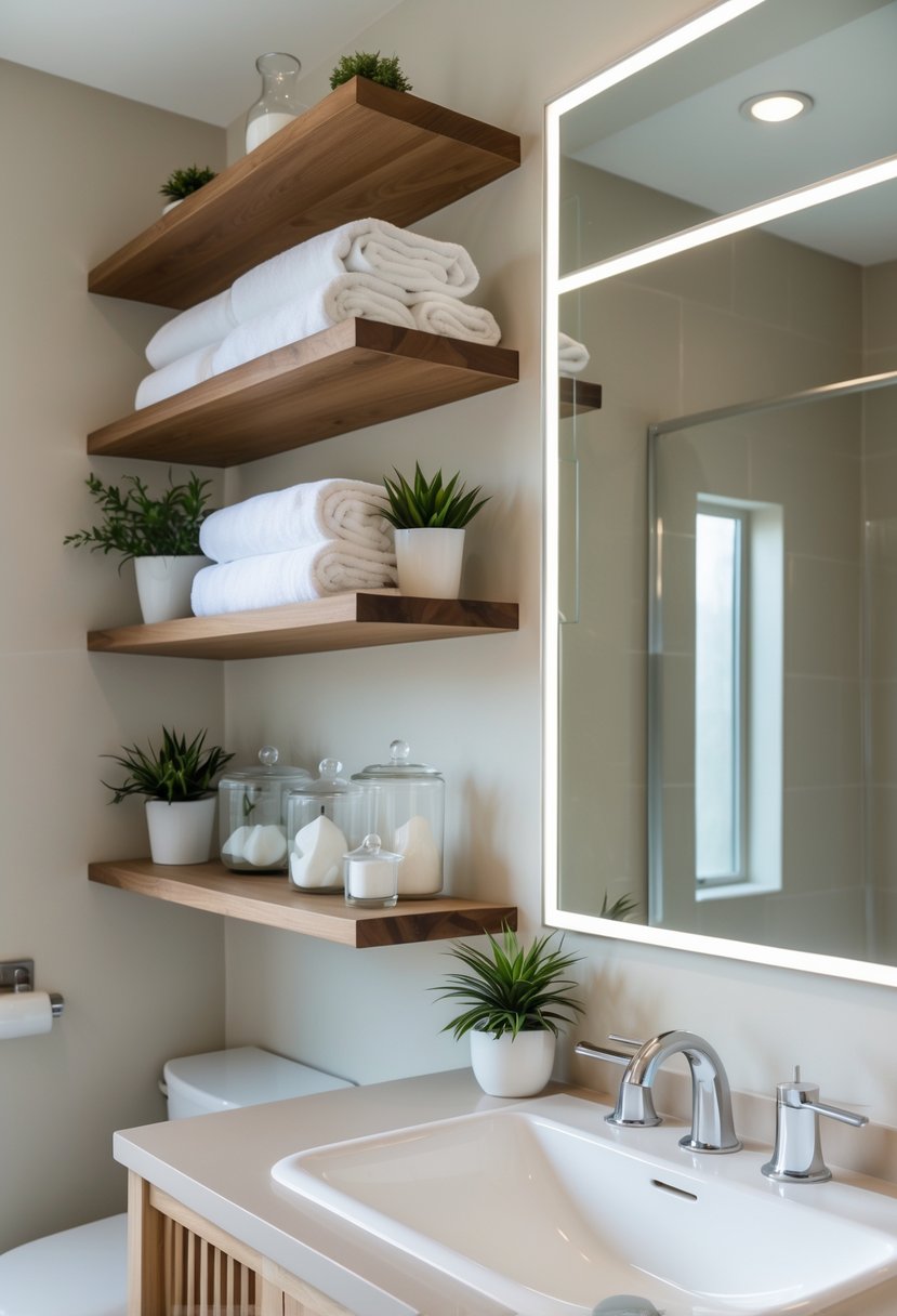 Guest bathroom with floating wooden shelves holding towels, plants, and decorative items above a white sink and mirror.